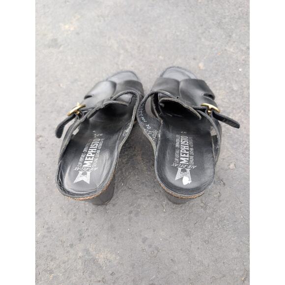 Mephisto Black Leather Wedge Sandals Womens Size 37 US 7 Studded Open Toe Buckle - Picture 6 of 8